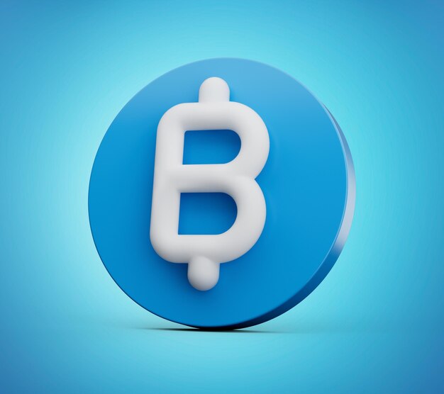 Símbolo de baht blanco 3d en icono azul brillante redondeado aislado en fondo blanco ilustración 3d