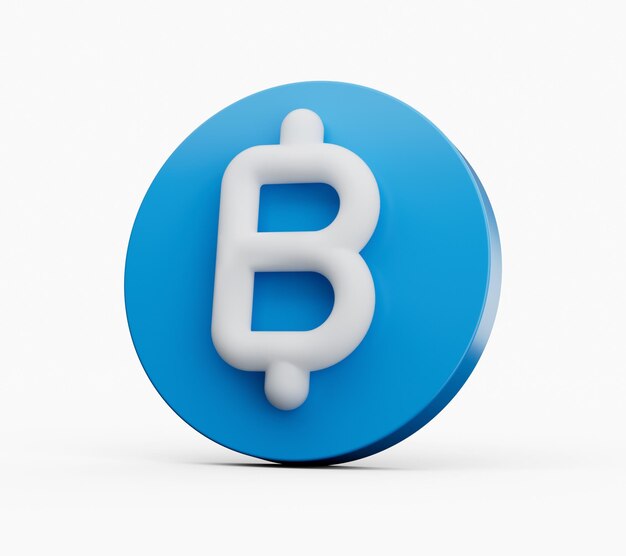 Símbolo de baht blanco 3d en icono azul brillante redondeado aislado en fondo blanco ilustración 3d