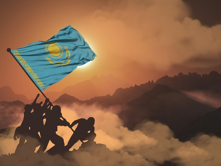 Símbolo de la bandera nacional de Kazajstán en la ilustración 3d de tela satinada para las celebraciones del Día Nacional