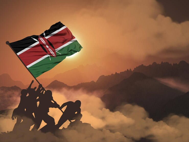 Símbolo de la bandera nacional de Kenia en la ilustración 3d de tela satinada para las celebraciones del Día Nacional