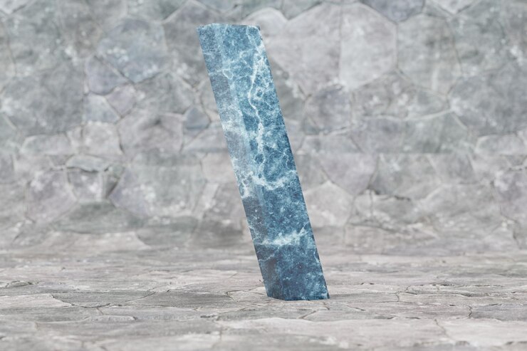 Foto símbolo de barra inclinada 3d de mármol. signo de mármol azul sobre fondo de piedra. carácter de fuente renderizado 3d.