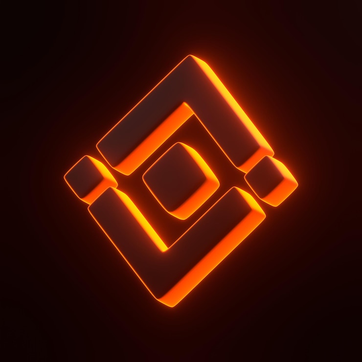 Foto símbolo de binance con luces naranjas futuristas brillantes y brillantes sobre un fondo negro