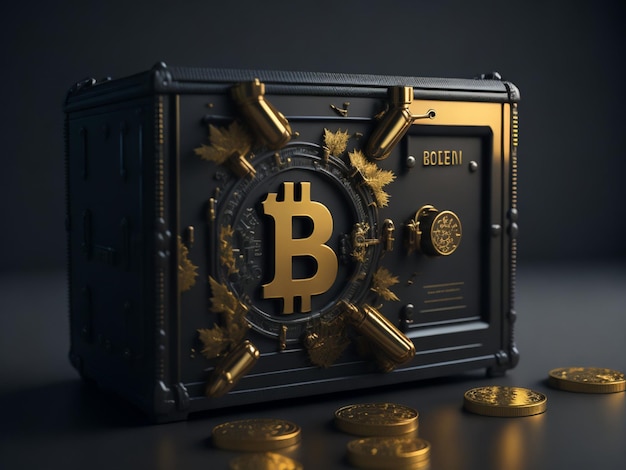 Símbolo de bitcoin dorado en una caja fuerte negra con monedas de oro ilustración 3D