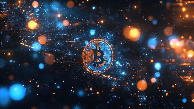 Símbolo de Bitcoin en el espacio digital