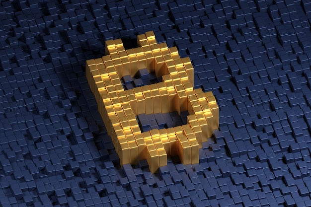 Símbolo de Bitcoin formado con cubos dorados sobre un fondo oscuro.