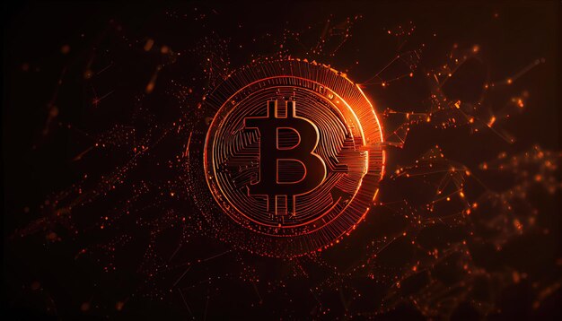 Símbolo Bitcoin Fundo financeiro feito de partículas de brilho com tecnologia Generative AI