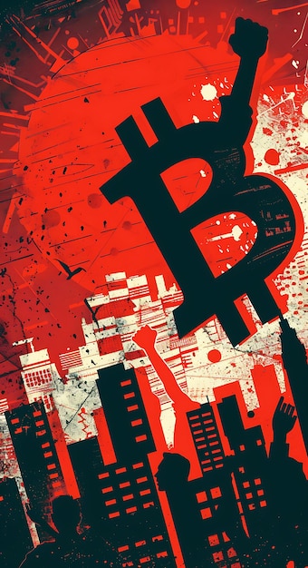 Foto símbolo de bitcoin integrado en una escena de protesta con una ilustración audaz de criptomoneda