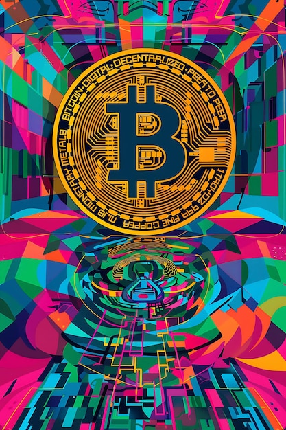 Símbolo de Bitcoin integrado en una mente de flexión e ilustración surrealista de la criptomoneda