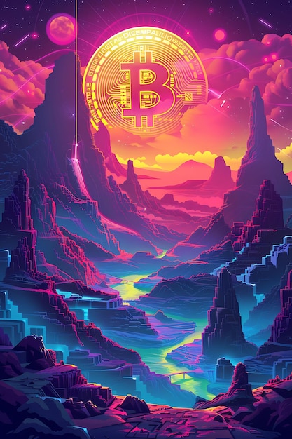 Símbolo de Bitcoin integrado en un paisaje futurista de ciencia ficción Ilustración de criptomoneda Fondo