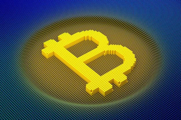 Foto símbolo de bitcoin pixelado hecho de cubos, patrón de mosaico. representación 3d