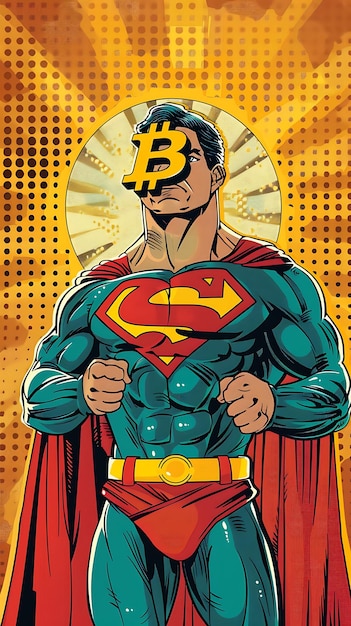 Foto símbolo de bitcoin representado como un superhéroe de cómics con una ilustración de criptomoneda ha