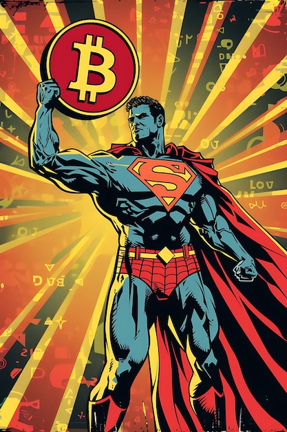 Símbolo de Bitcoin retratado como un superhéroe con una ilustración de criptomoneda del cómic S