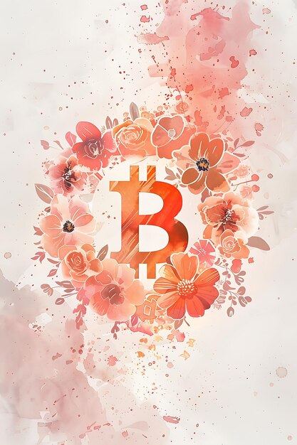 Símbolo de Bitcoin rodeado de flores en acuarela en una ilustración de criptomoneda de acuarela