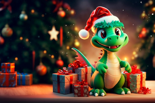 Foto símbolo bonito do dragão verde de 2024 com presentes na árvore de natal