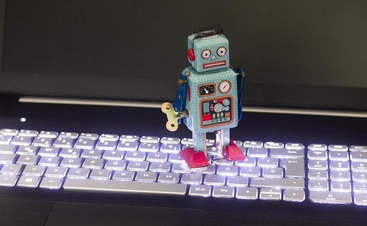 Foto símbolo para un bot de chat o bot social y algoritmos laptop