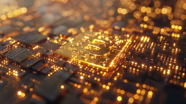 Símbolo brillante de bitcoin en una placa de circuitos de alta tecnología que representa la tecnología de criptomonedas