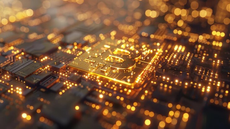 Símbolo brillante de bitcoin en una placa de circuitos de alta tecnología que representa la tecnología de criptomonedas