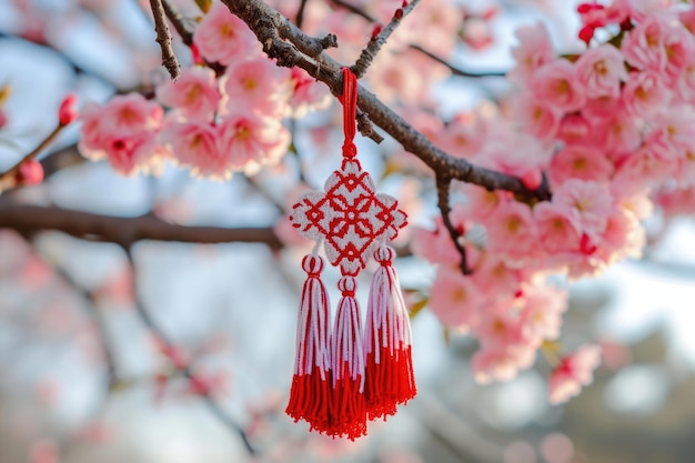 Símbolo búlgaro de primavera Martenitsa en un árbol floreciente