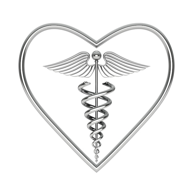 Símbolo del caduceo médico de plata en forma de corazón sobre un fondo blanco. Representación 3D