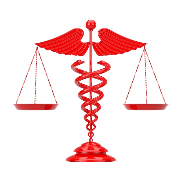 Foto símbolo del caduceo médico rojo como escalas sobre un fondo blanco. representación 3d