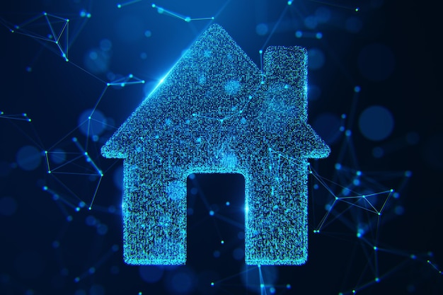 Símbolo de casa digital con partículas azules brillantes y conexiones de red en fondo oscuro Concepto de hogar inteligente y IoT Renderización 3D