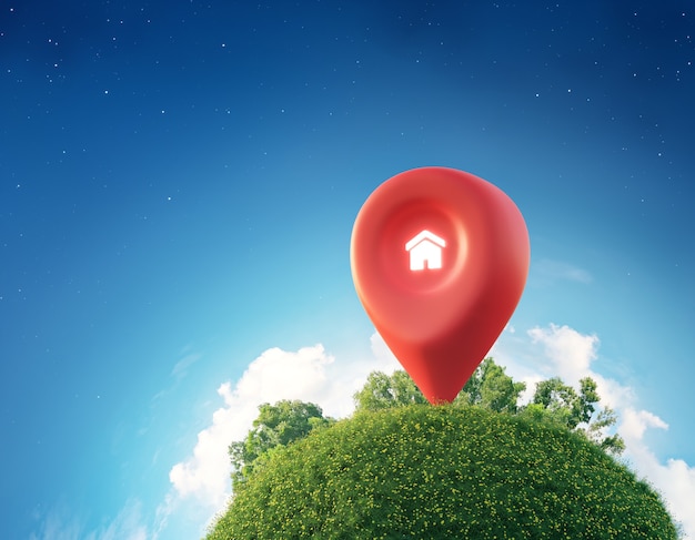 Símbolo de la casa con icono de pin de ubicación en la tierra y hierba verde en concepto de inversión inmobiliaria