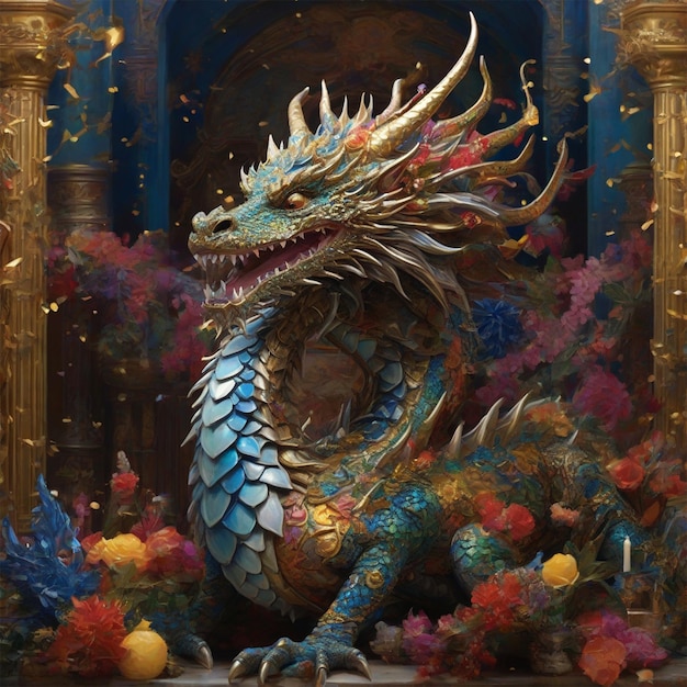 Símbolo chinês do ano 2024: dragão de madeira verde.Pintura de um dragão com um olho azul e uma flor.