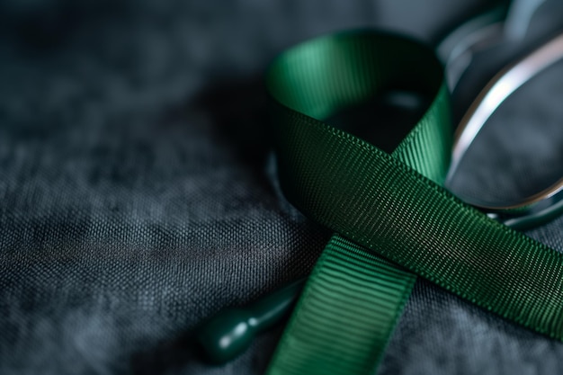 Símbolo de cinta verde para el día bipolar mundial en un fondo borroso