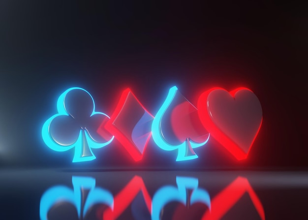 Símbolo clubes diamantes picas y corazones con luces de neón brillantes en el render 3D de fondo negro