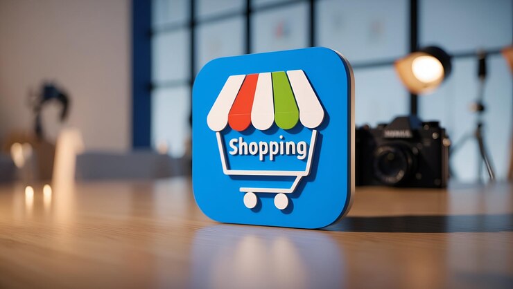 Foto símbolo de compras plano 3d en fondo azul estrategias minoristas y planes de comercio electrónico concepto en
