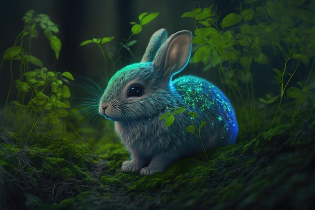 El símbolo del conejo del año nuevo chino está sentado en la hierba del bosque Conejo mágico del bosque de cuento de hadas en la ilustración 3d del primer plano de la vegetación verde