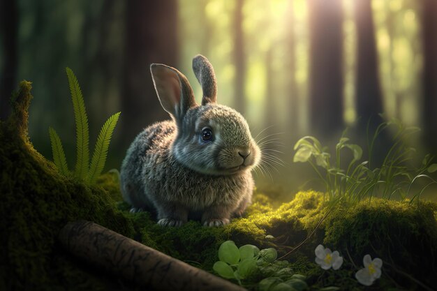 El símbolo del conejo del año nuevo chino está sentado en la hierba del bosque Conejo mágico del bosque de cuento de hadas en la ilustración 3d del primer plano de la vegetación verde
