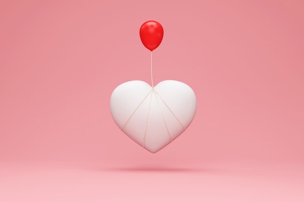 Símbolo de corazón blanco con globo rojo sobre rosa