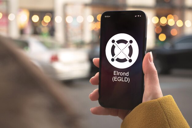 Símbolo de criptomoneda Elrond EGLD, logotipo. Concepto financiero y empresarial. Mano con smartphone, pantalla con primer plano del icono de criptografía