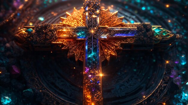 símbolo de cruz de filigrana ornamental con patrones sagrados efecto fractal