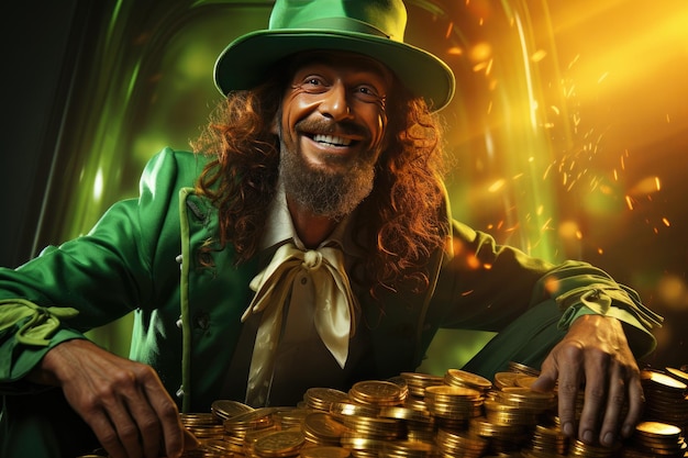 Símbolo da Abundância Leprechaun em terno verde com moedas de ouro