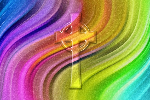 Símbolo da cruz celta, cruz cristã, fundo de brilho do arco-íris