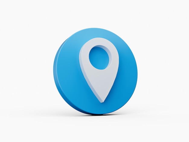 Símbolo de alfinete de mapa de localização branco 3d com ícone azul brilhante arredondado em ilustração 3d de fundo branco