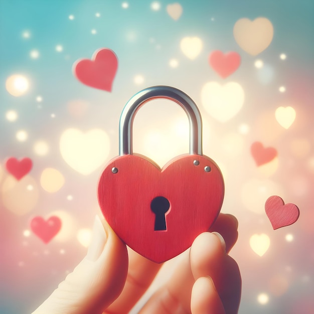 Foto símbolo de amor em forma de coração de cadeado de metal vermelho em fundo bokeh pastel para cartão do dia dos namorados