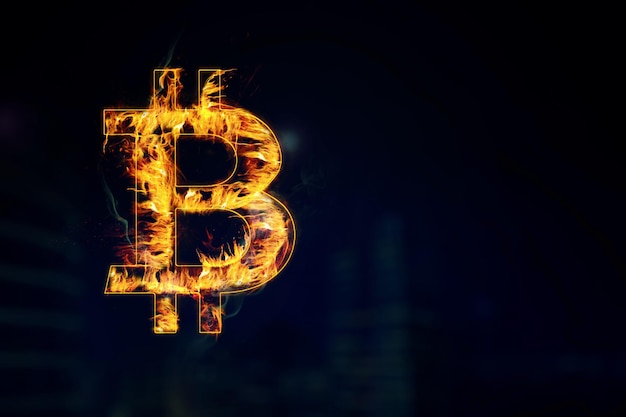 Símbolo de bitcoin ardente no quarto escuro