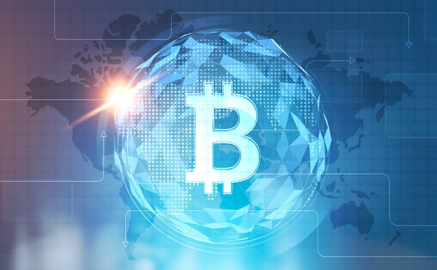 Símbolo de Bitcoin brilhante contra um mapa poligonal da Terra e um globo e um fundo desfocado do escritório. Simulação de dupla exposição de imagem tonificada. Elementos desta imagem fornecidos pela NASA