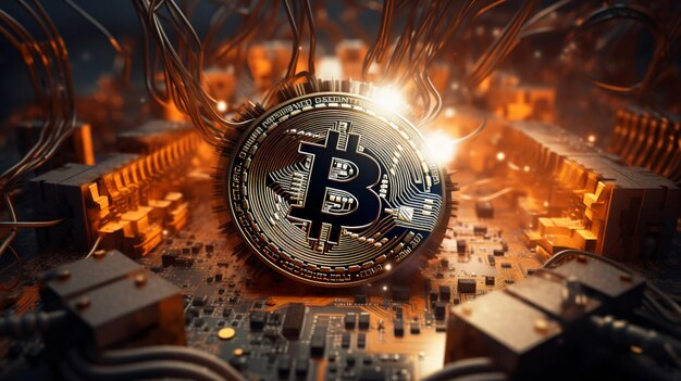 Símbolo de Bitcoin cercado por componentes elétricos