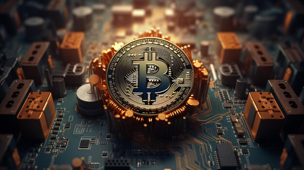 Símbolo de Bitcoin cercado por componentes elétricos