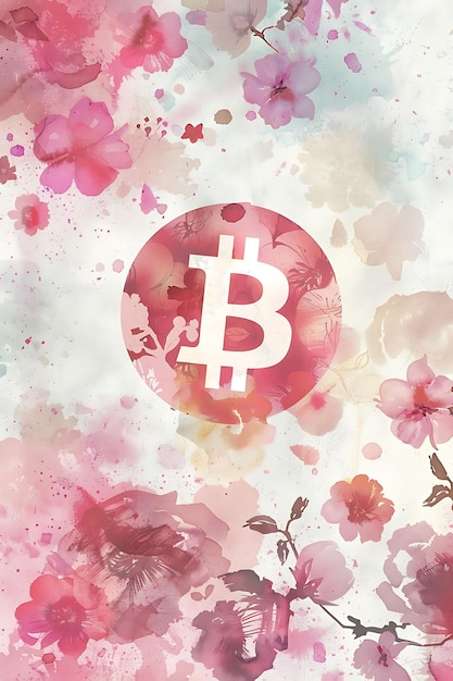 Símbolo de Bitcoin cercado por flores aquareladas em uma ilustração de criptomoeda de aquarela