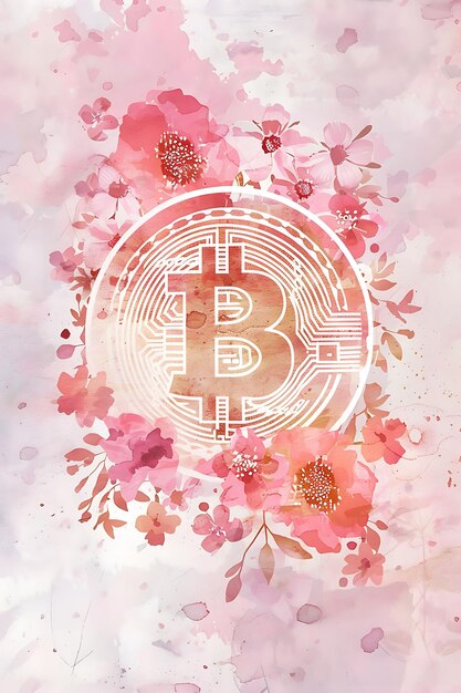 Símbolo de Bitcoin cercado por flores aquareladas em uma ilustração de criptomoeda de aquarela