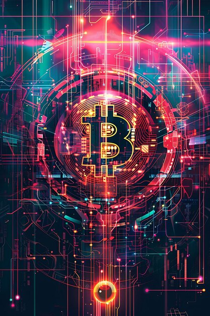 Símbolo de Bitcoin misturado com uma estética cibernética futurista Ilustração de criptomoeda Backgroundc