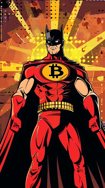 Foto símbolo de bitcoin retratado como um super-herói de quadrinhos com uma ilustração de criptomoeda ha