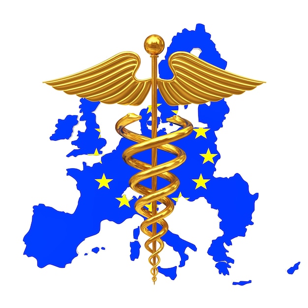 Símbolo de caduceu médico ouro com a bandeira da ue da união europeia um fundo branco. renderização 3d