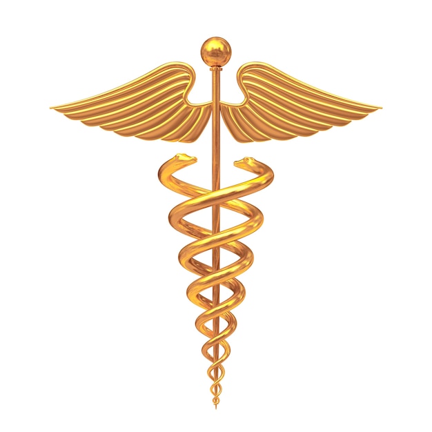 Símbolo de caduceu médico ouro sobre um fundo branco. Renderização 3D