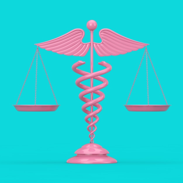 Símbolo de caduceu médico rosa como escalas em estilo duotônico em um fundo azul. Renderização 3D